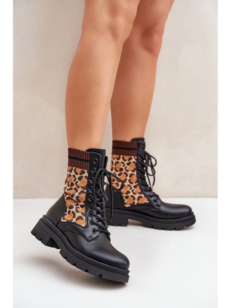 Women's Worker Ankle Boots With Sock In Leopard Black Penthis