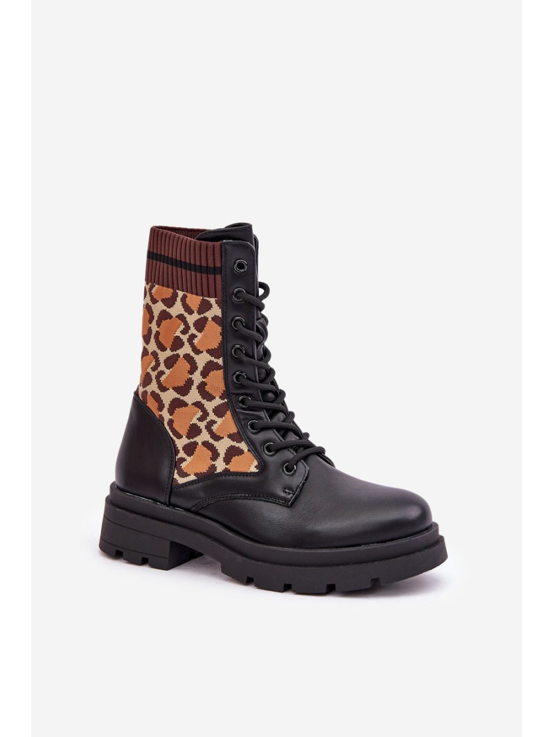 Women's Worker Ankle Boots With Sock In Leopard Black Penthis