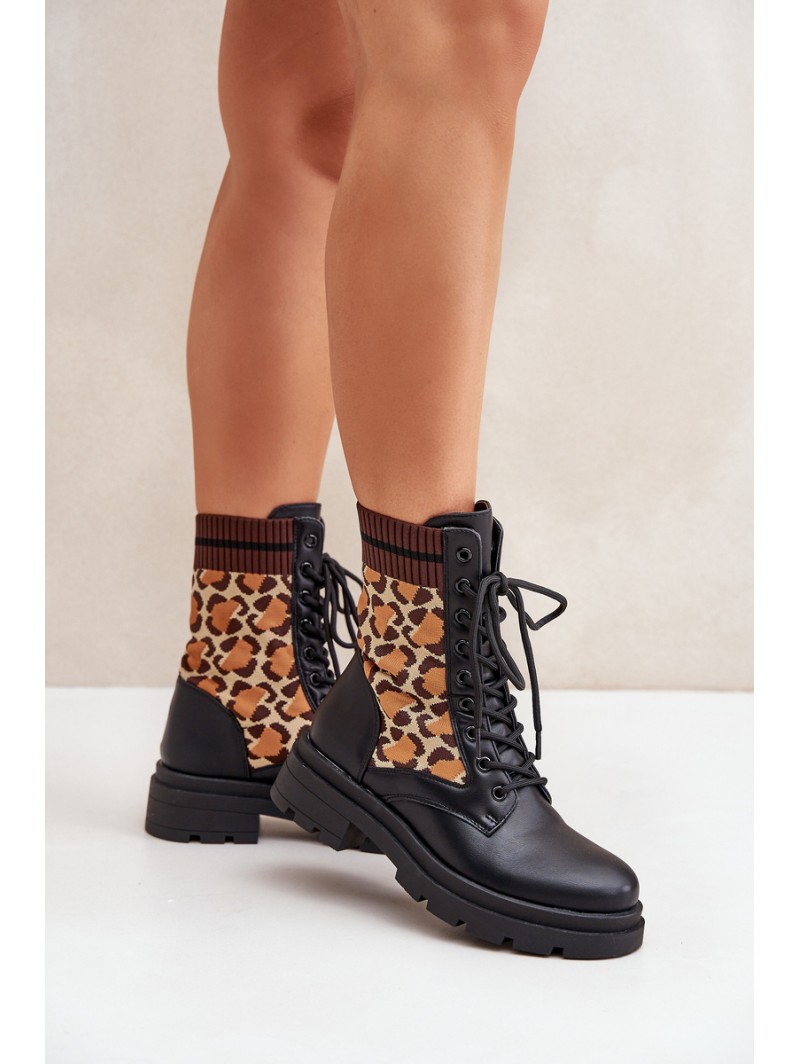 Women's Worker Ankle Boots With Sock In Leopard Black Penthis
