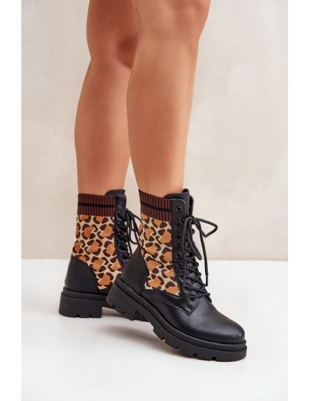 Women's Worker Ankle Boots With Sock In Leopard Black Penthis