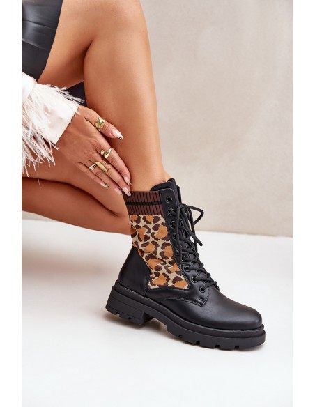 Women's Worker Ankle Boots With Sock In Leopard Black Penthis
