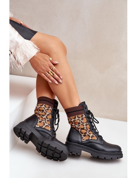 Women's Worker Ankle Boots With Sock In Leopard Black Penthis