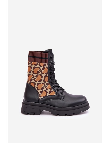 Women's Worker Ankle Boots With Sock In Leopard Black Penthis