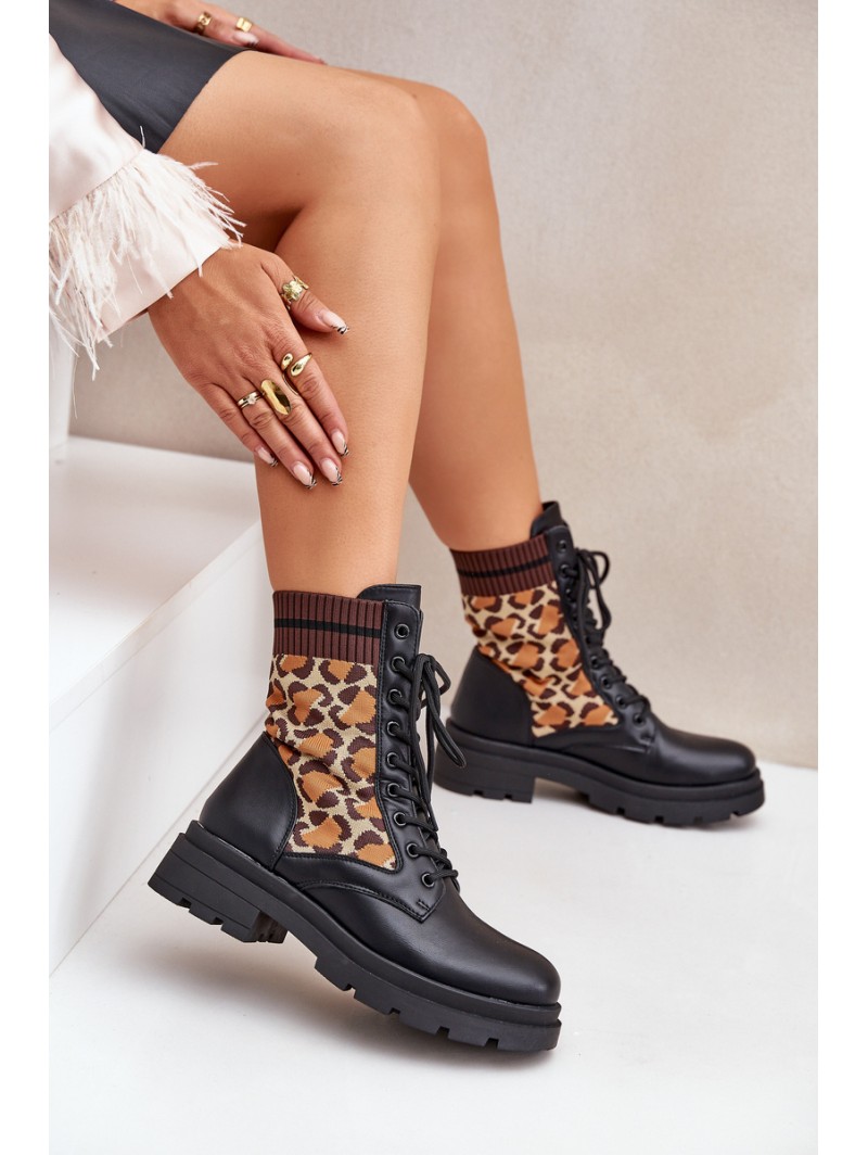 Women's Worker Ankle Boots With Sock In Leopard Black Penthis