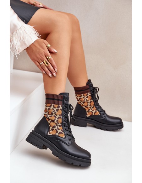 Women's Worker Ankle Boots With Sock In Leopard Black Penthis