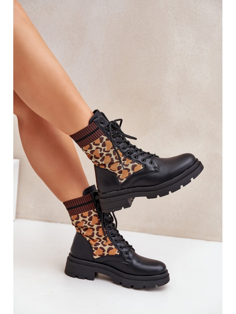 Women's Worker Ankle Boots With Sock In Leopard Black Penthis