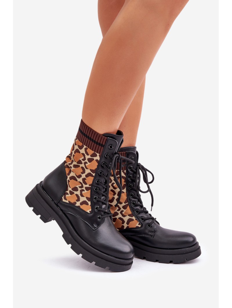 Women's Worker Ankle Boots With Sock In Leopard Black Penthis