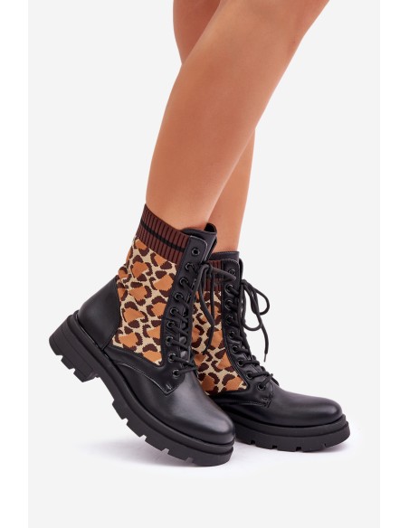 Women's Worker Ankle Boots With Sock In Leopard Black Penthis