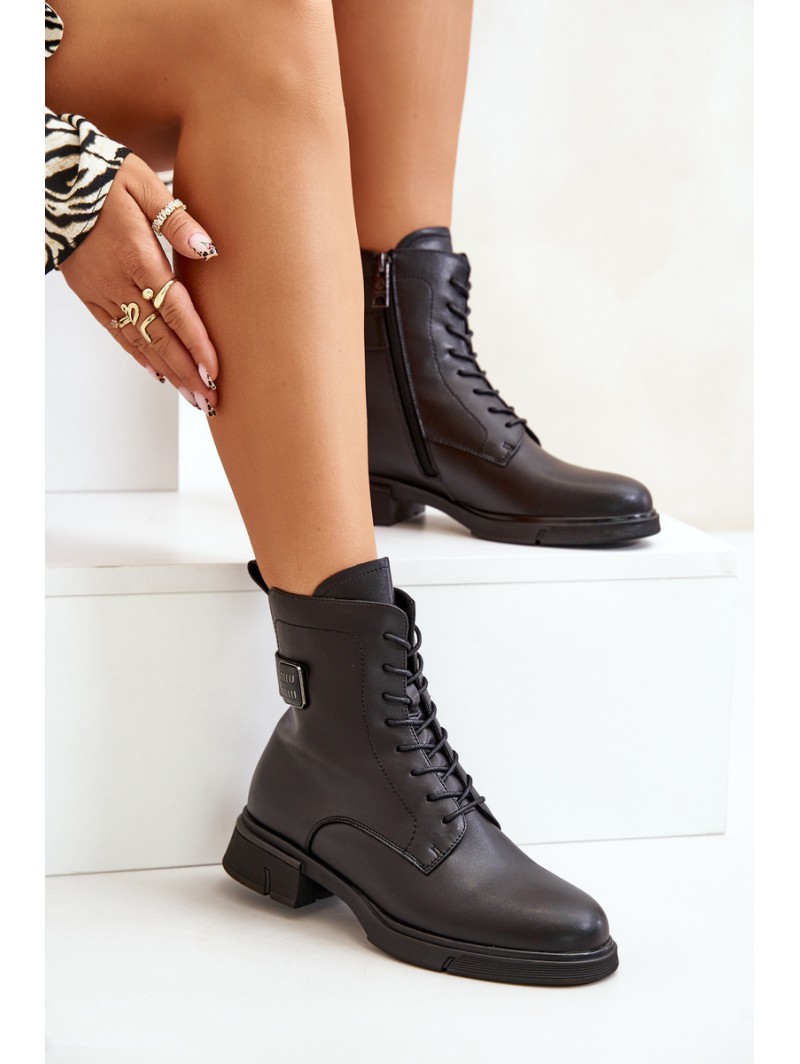 Warm Women's Worker Boots Natural Leather Black Vinceza 66688