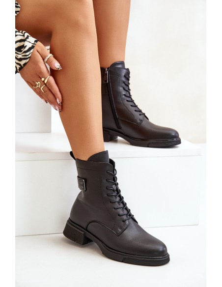 Warm Women's Worker Boots Natural Leather Black Vinceza 66688