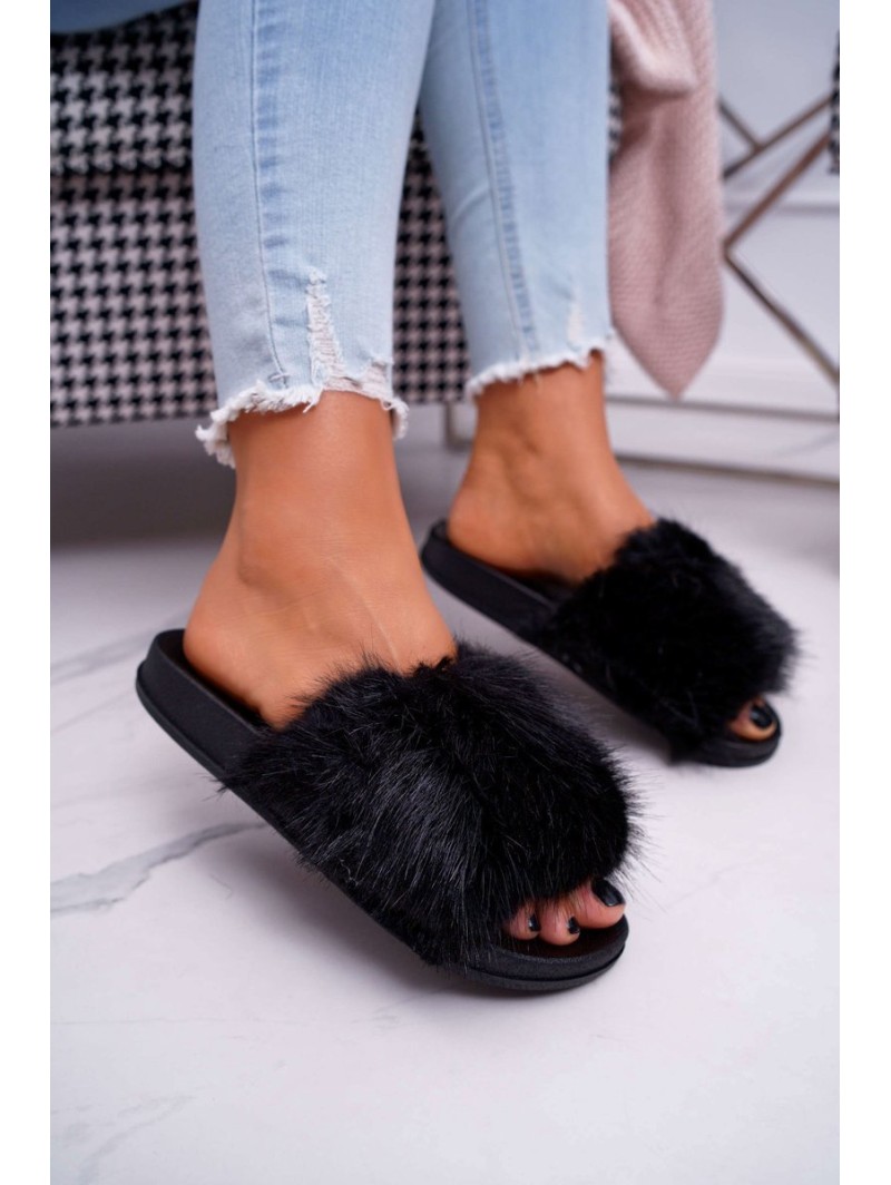 Women's Flip Flops with Fur Black NiceFur