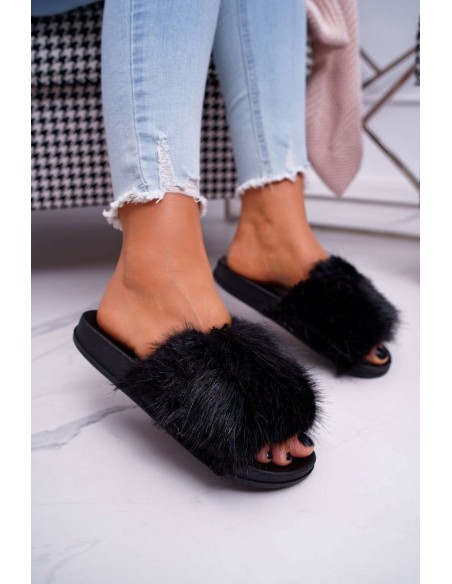Women's Flip Flops with Fur Black NiceFur