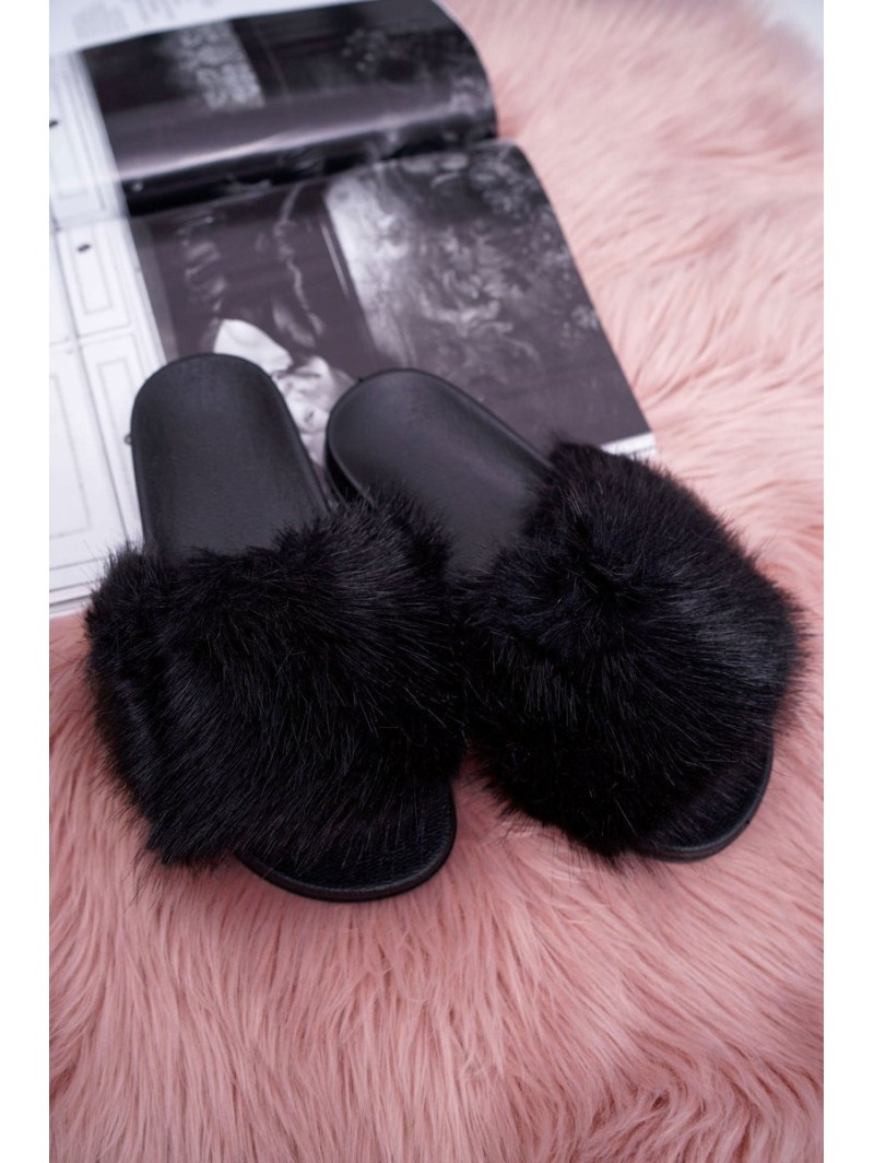 Women's Flip Flops with Fur Black NiceFur