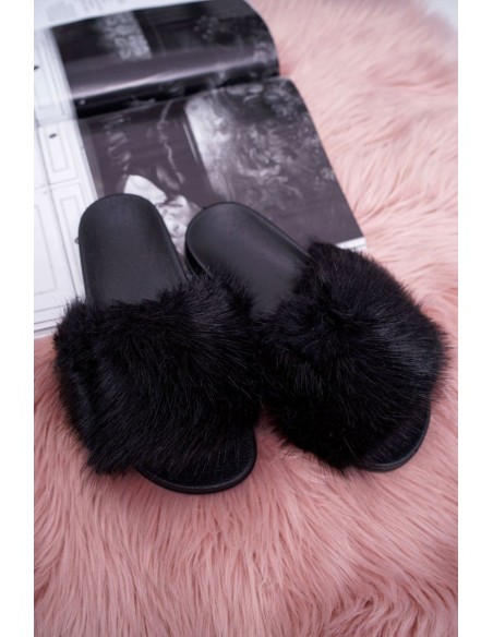 Women's Flip Flops with Fur Black NiceFur
