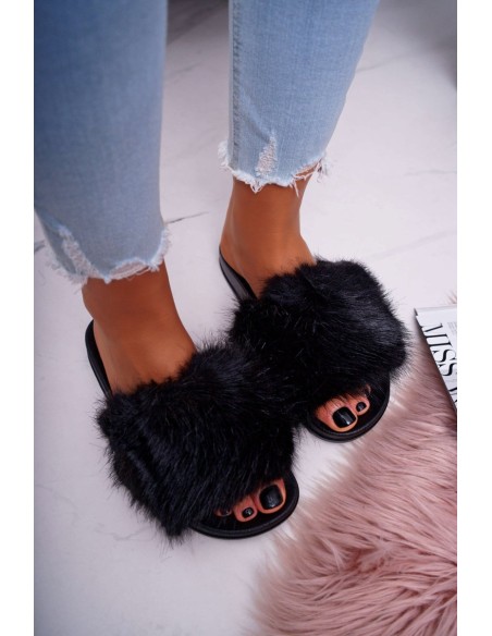 Women's Flip Flops with Fur Black NiceFur