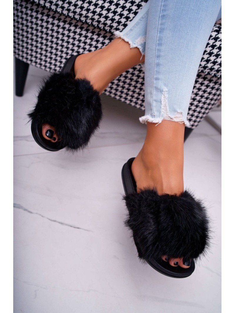 Women's Flip Flops with Fur Black NiceFur