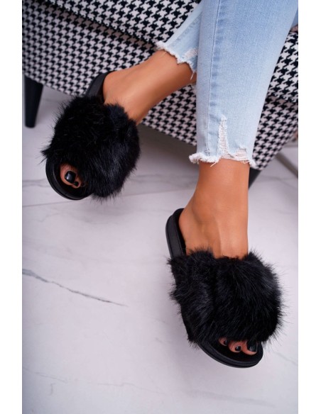 Women's Flip Flops with Fur Black NiceFur