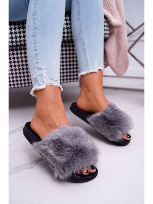 Women's Flip Flops with Fur Grey Black NiceFur