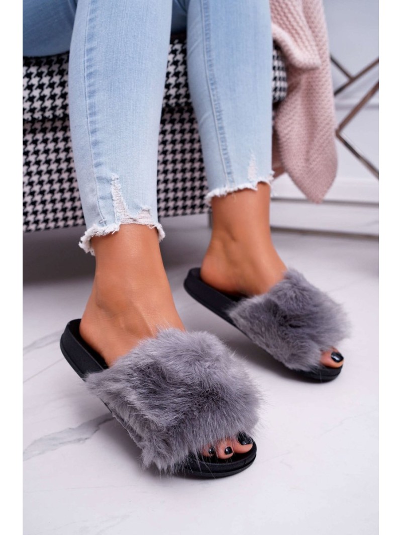Women's Flip Flops with Fur Grey Black NiceFur