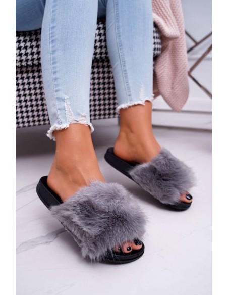 Women's Flip Flops with Fur Grey Black NiceFur