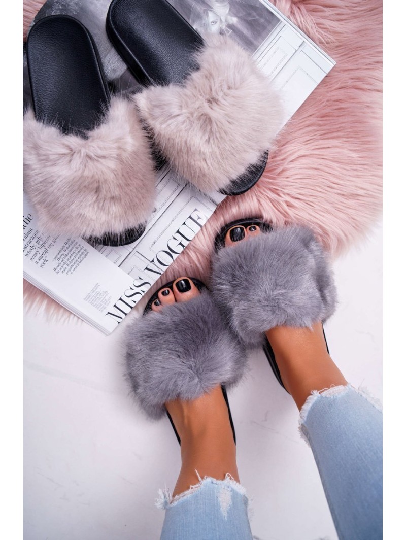 Women's Flip Flops with Fur Grey Black NiceFur