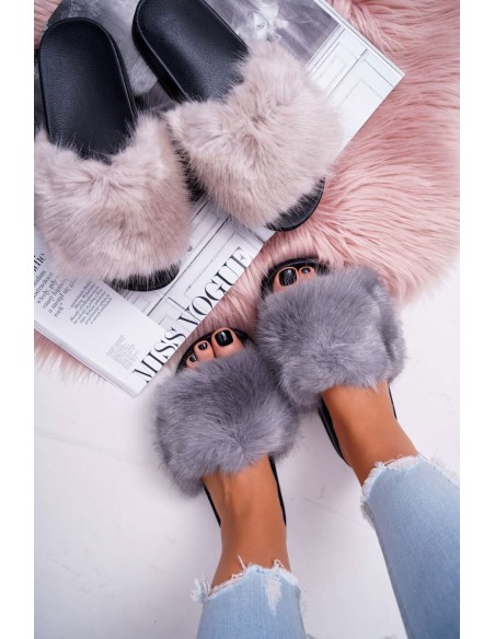 Women's Flip Flops with Fur Grey Black NiceFur