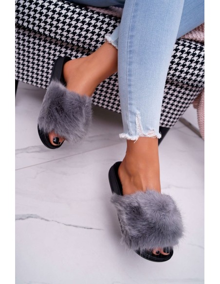 Women's Flip Flops with Fur Grey Black NiceFur