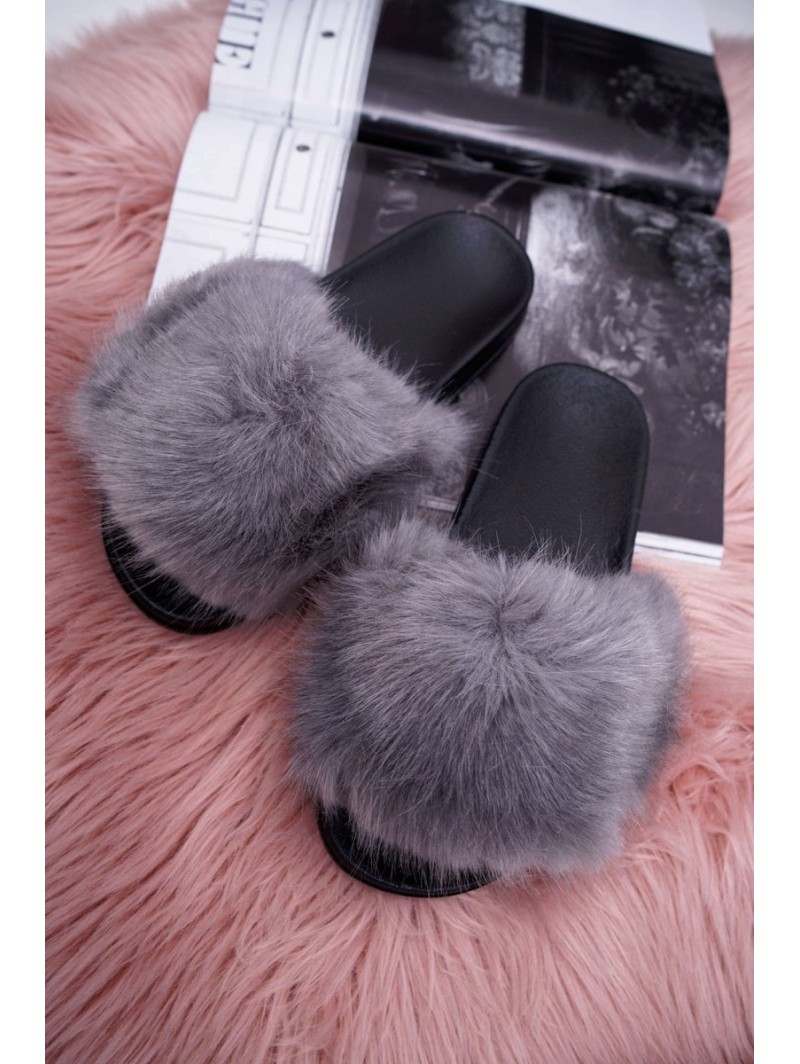 Women's Flip Flops with Fur Grey Black NiceFur