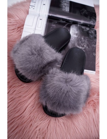 Women's Flip Flops with Fur Grey Black NiceFur