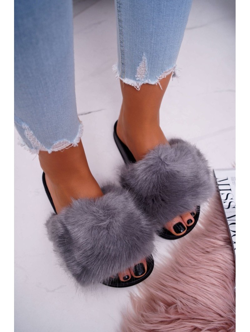 Women's Flip Flops with Fur Grey Black NiceFur