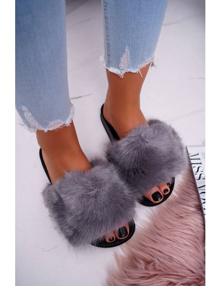 Women's Flip Flops with Fur Grey Black NiceFur
