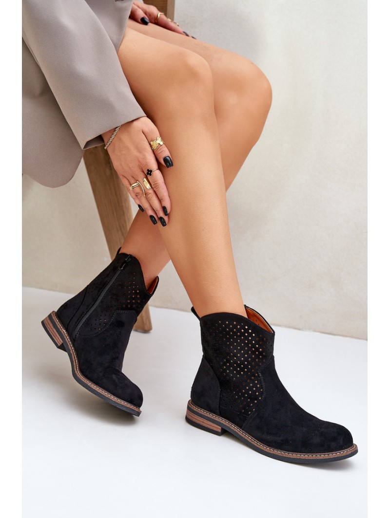 Perforated Ankle Boots With Flat Heel Black Zinollia