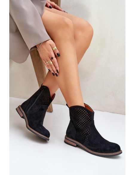 Perforated Ankle Boots With Flat Heel Black Zinollia