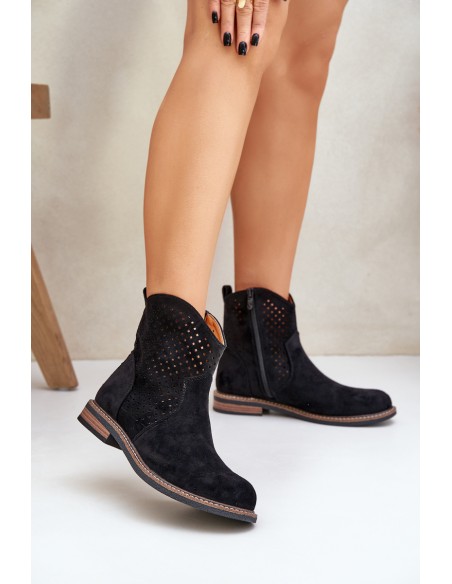 Perforated Ankle Boots With Flat Heel Black Zinollia