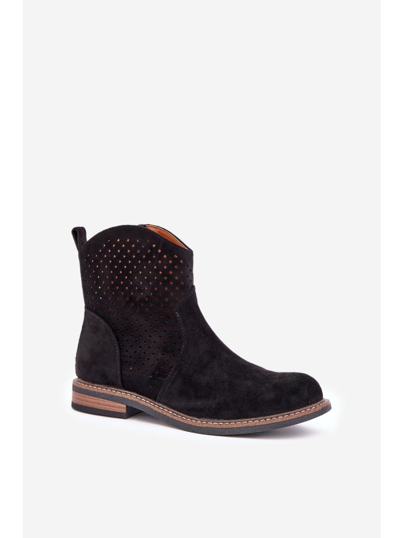 Perforated Ankle Boots With Flat Heel Black Zinollia