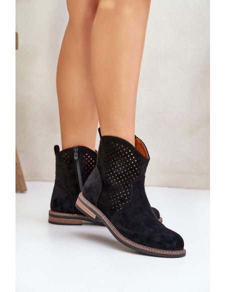 Perforated Ankle Boots With Flat Heel Black Zinollia