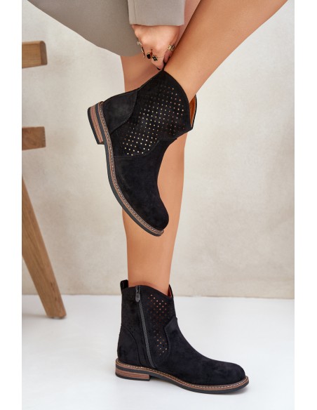 Perforated Ankle Boots With Flat Heel Black Zinollia