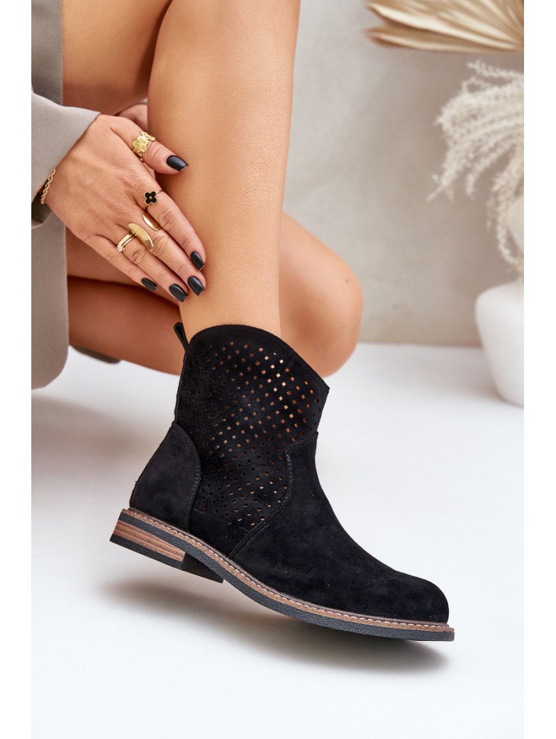 Perforated Ankle Boots With Flat Heel Black Zinollia