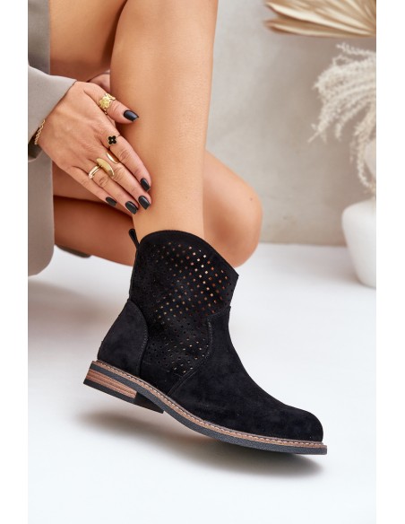 Perforated Ankle Boots With Flat Heel Black Zinollia