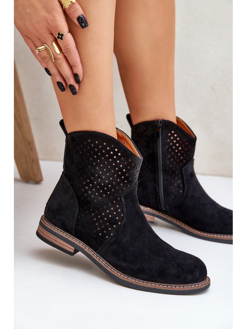 Perforated Ankle Boots With Flat Heel Black Zinollia