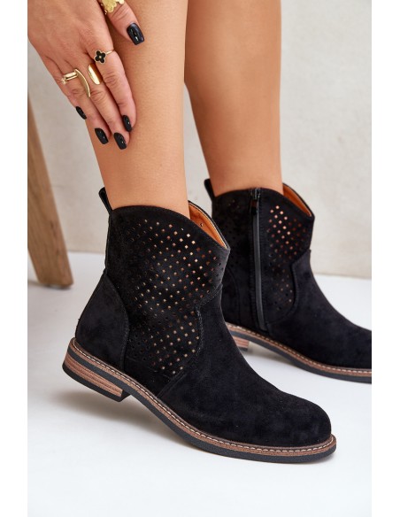 Perforated Ankle Boots With Flat Heel Black Zinollia