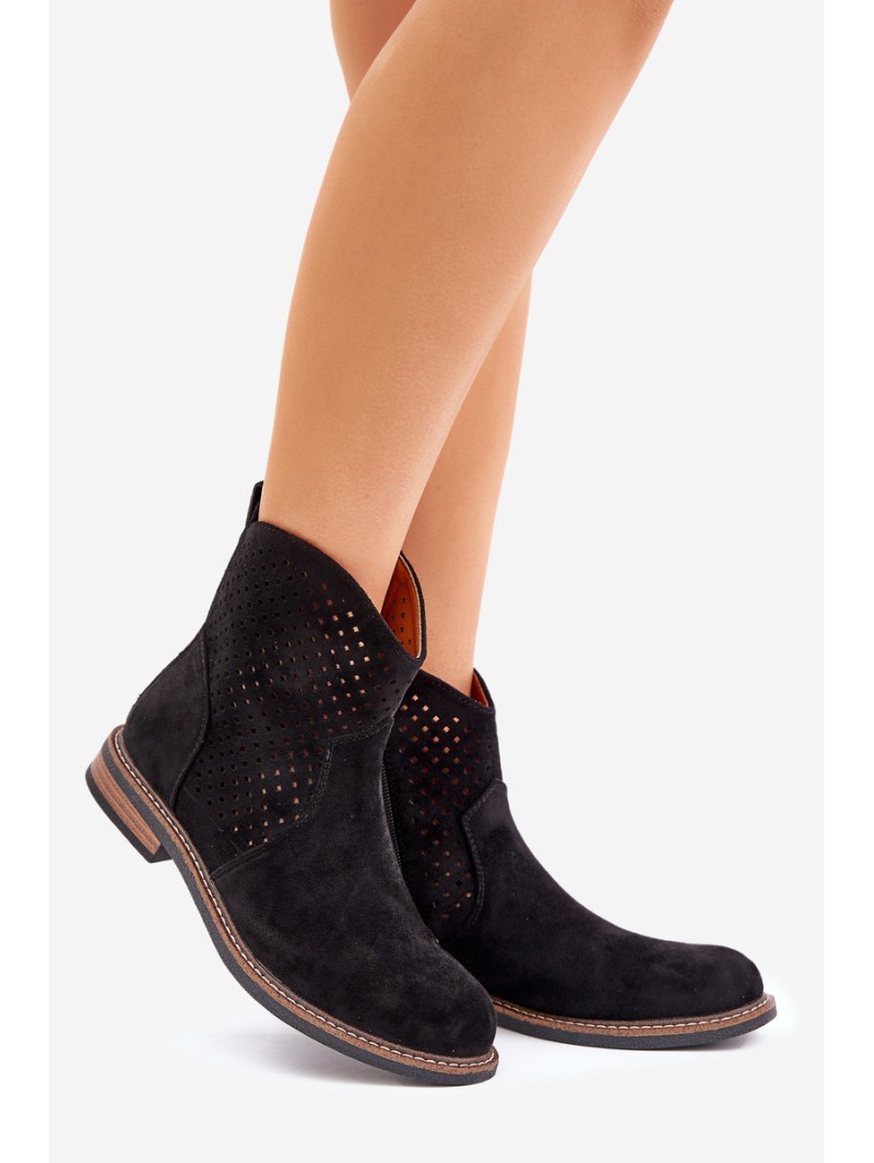 Perforated Ankle Boots With Flat Heel Black Zinollia