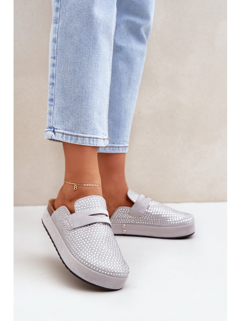 Ladies Sandals Adorned With Rhinestones On Platform Gray Deorani