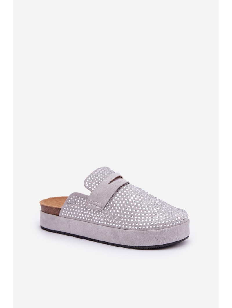 Ladies Sandals Adorned With Rhinestones On Platform Gray Deorani