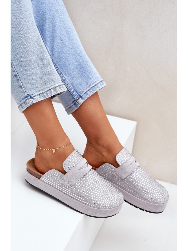 Ladies Sandals Adorned With Rhinestones On Platform Gray Deorani