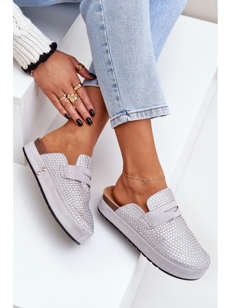 Ladies Sandals Adorned With Rhinestones On Platform Gray Deorani