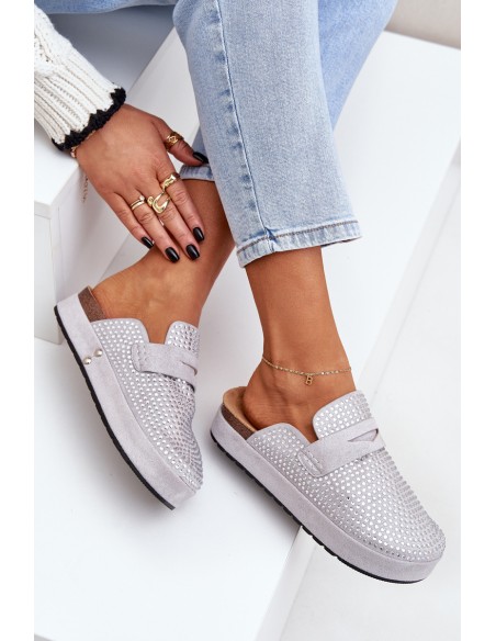 Ladies Sandals Adorned With Rhinestones On Platform Gray Deorani