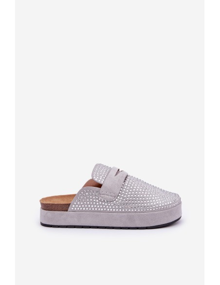 Ladies Sandals Adorned With Rhinestones On Platform Gray Deorani