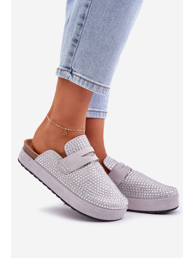 Ladies Sandals Adorned With Rhinestones On Platform Gray Deorani