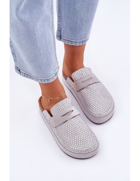 Ladies Sandals Adorned With Rhinestones On Platform Gray Deorani